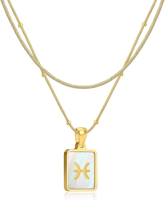 LETFLY Zodiac Natural Shell Layered Gold Necklace for Women, 18K Gold Plated Square Shaped Pendant with Adjustable Layered Snake Chain for Womens Jewelry Gifts