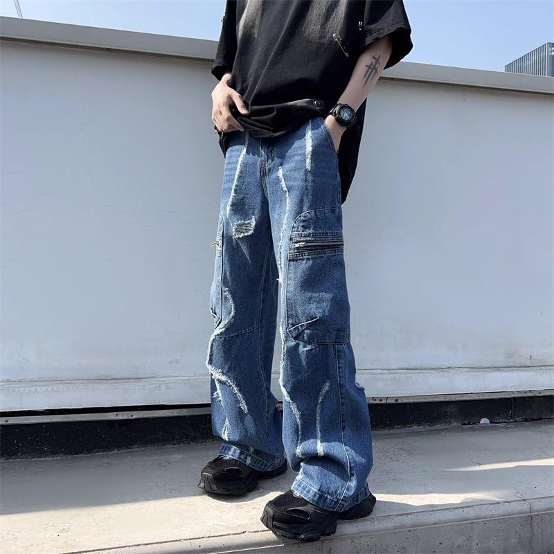 Unisex Y2K Wide Leg Baggy Distressed Cargo Jeans – Vintage Washed Loose Fit Denim Streetwear Pants with Zipper Detail2