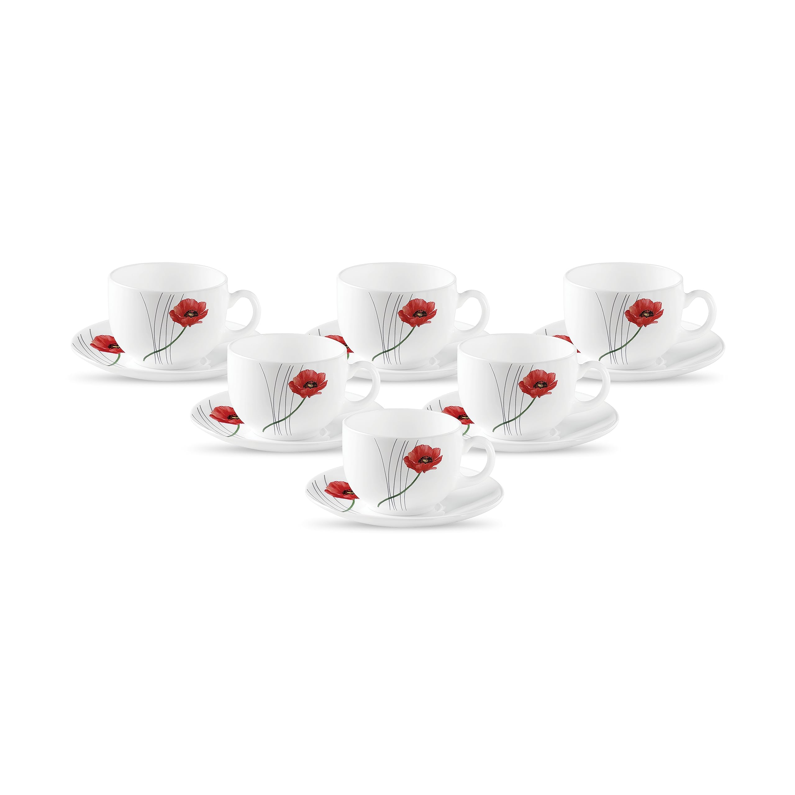 La Opala Diva, Opal Glass Crockery | Cup & Saucer Iris Large, Set of 12 | Soul Passion, 220 ml | for Tea & Coffee | Microwave Safe | 100% Vegetarian | Extra Strong | Super Light | Super White