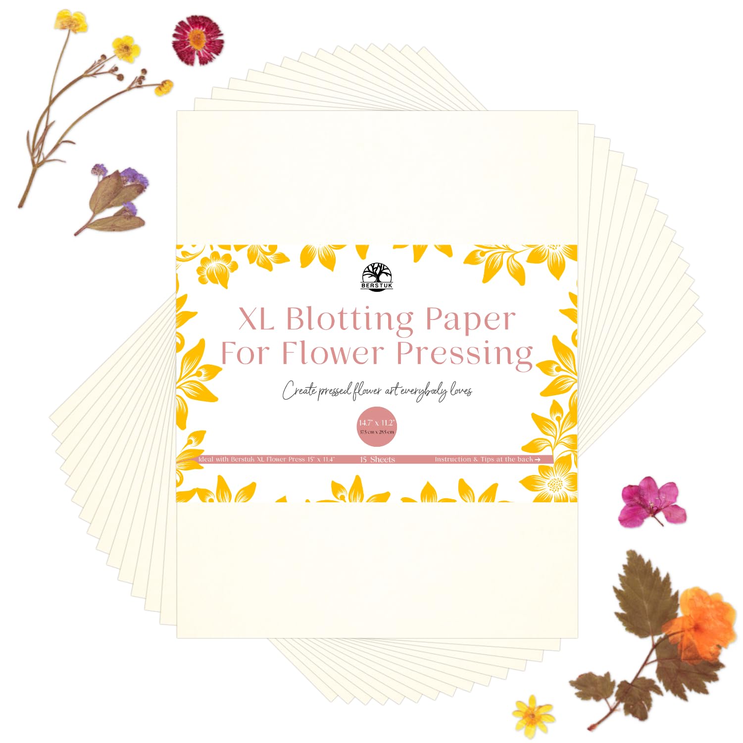 XL Blotting Paper for Flower Press by Berstuk  Extra-Large 14.7 x 11.2 inch  Highly Absorbent and Reusable Herbarium Paper  Pack of 15 Blotter Sheets