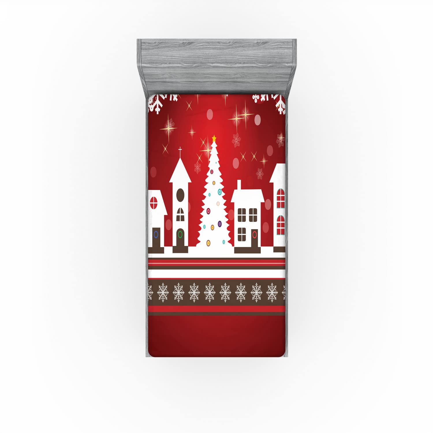 Ambesonne Christmas 2 Pack Fitted Sheet, Winter Theme Tree, Bed Cover All-Round Elastic Deep Pockets 2 Pieces, Package Contains 2 Twin XL Size Fitted Sheets, White Red