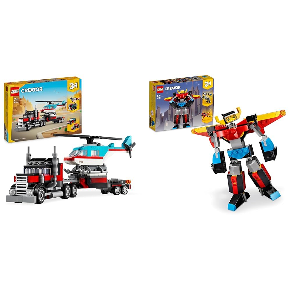 LEGO Creator 3 in 1 Autocarro con Elicottero, Giochi per Bambini e Bambine da 7 Anni & Creator 3 in 1 Super Robot, Set di Costruzioni in Mattoncini, Aereo e Drago Giocattolo