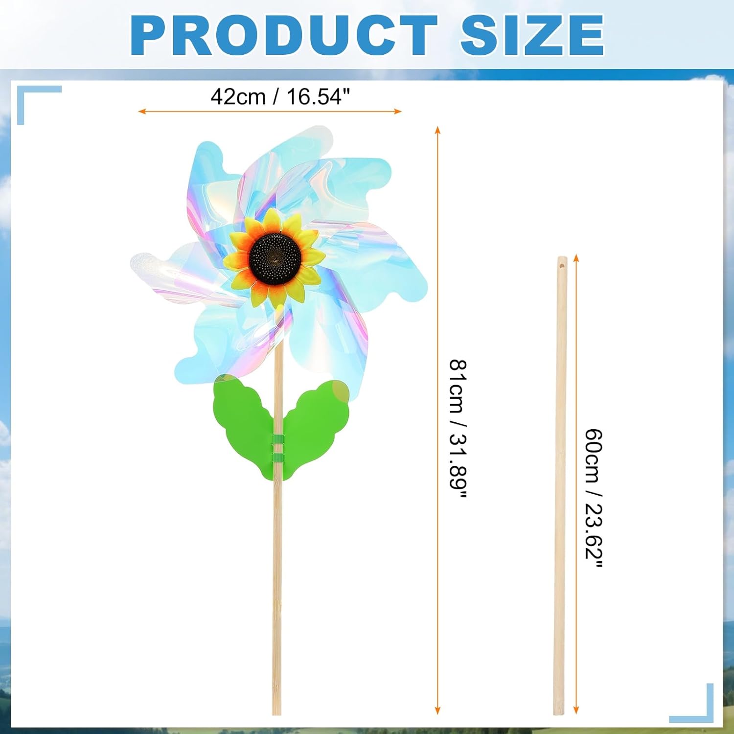 HARFINGTON Pinwheels 16.5" Wind Spinner Reflective Pinwheels 7 Leaves Wooden Windmill with Sunflower Wooden Sticks for Garden Yard Patio Lawn Outdoor Party Favors Gifts, Colorful