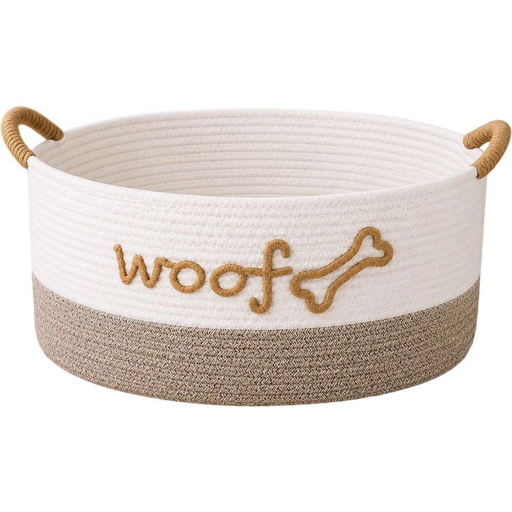 Sslvya Woven Toy Basket, Cotton Rope Dog Toy Storage Bin with Handles, Pet Toy Basket Modern Farmhouse Home Decor