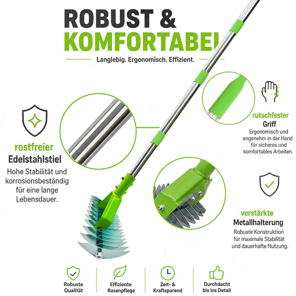Rastrillo Escarificador para Césped con 163 cm Mango Telescópico,con Bolsa para residuos de jardín,Rastrillo Dethatcher Heavy Duty para Eliminar Hierba Muerta,Aflojar el Suelo (Verde, 163cm)