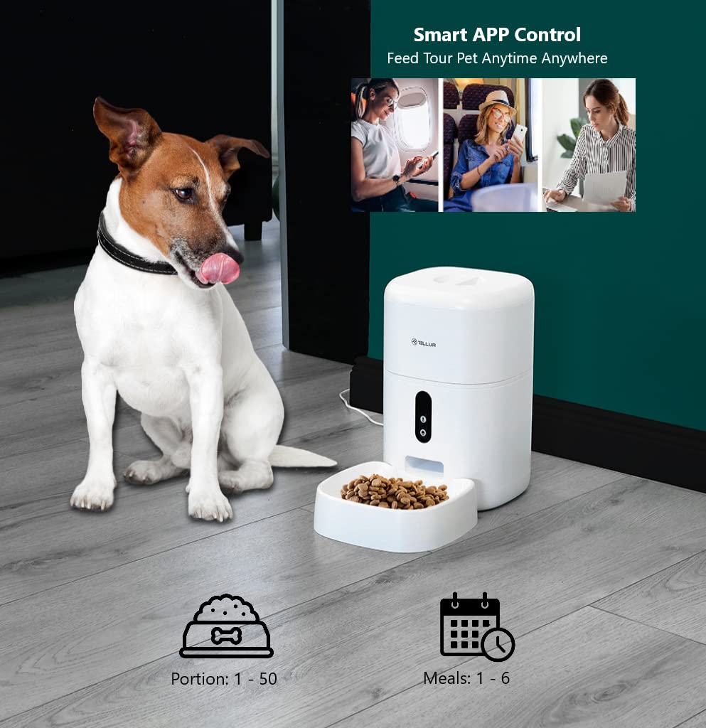 TELLUR SMART Comedero Automático para Gatos y Perros,WiFi, UHD 2K Cámara,Dispensador de Comida Control Remoto, Compatible Alexa y Google, 10s Grabación de Voz, Tiempo de Comida y Porciones Programable