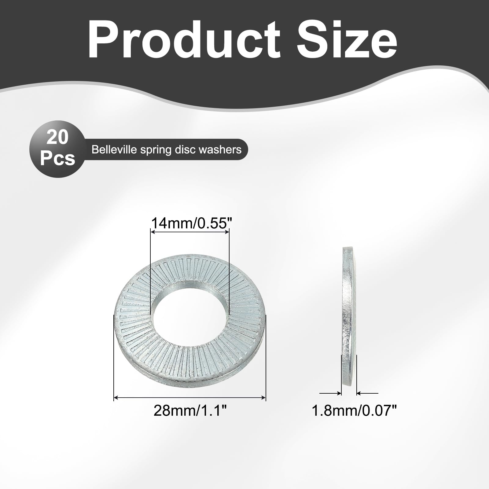 PATIKIL M14x28x1.8mm Flat Washers 20Pcs 65Mn Steel Belleville Spring Disc Washer Conical Knurled Metric Gasket for Automotive Industrial Construction (White Zinc Plating) - Image 2
