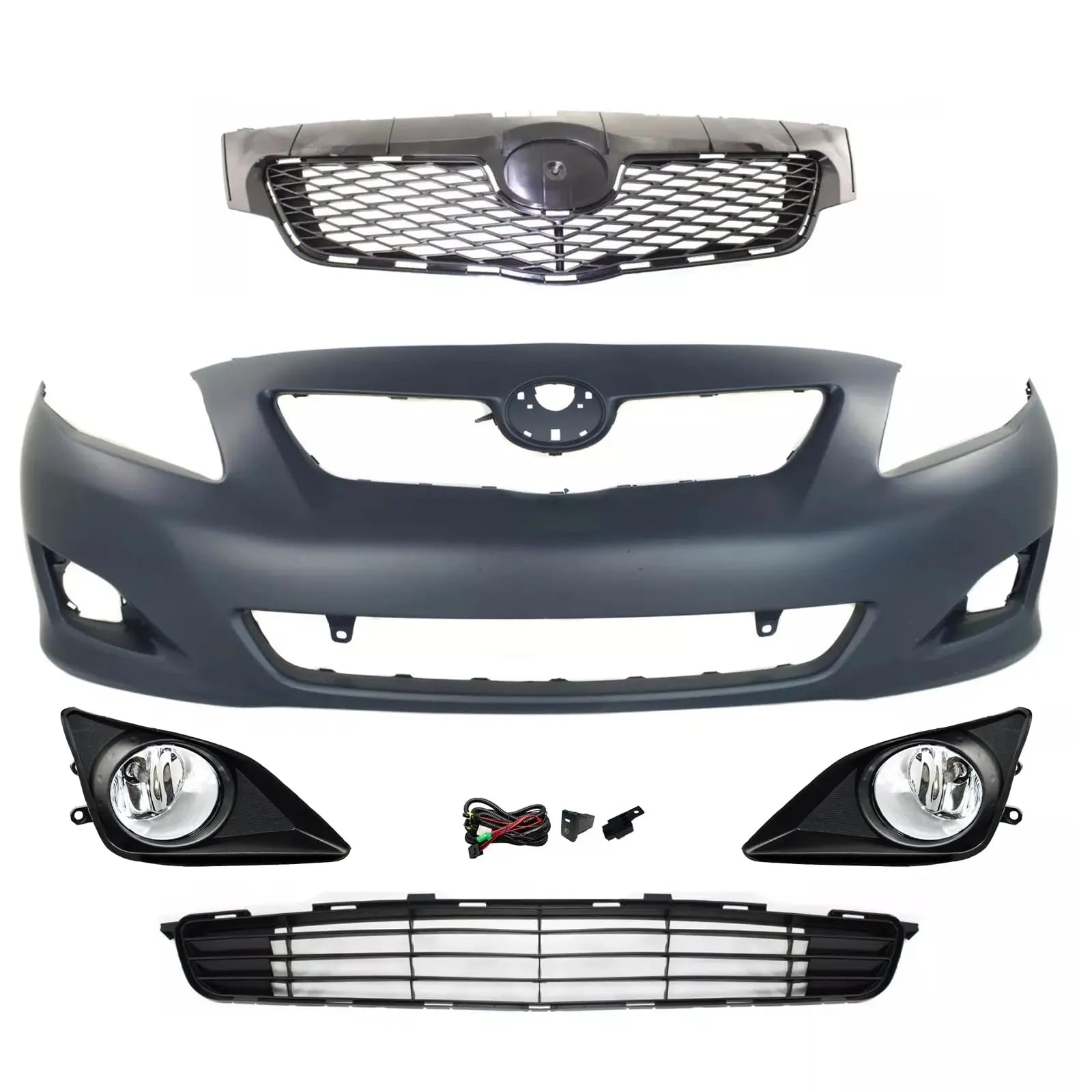 HOUGEET Front Bumper Cover Kit Fit For Toyota Corolla Sedan CE LE XLE 2009 2010, Bumper Cover Upper Lower Grille Fog Lights Replace For TO1000342
