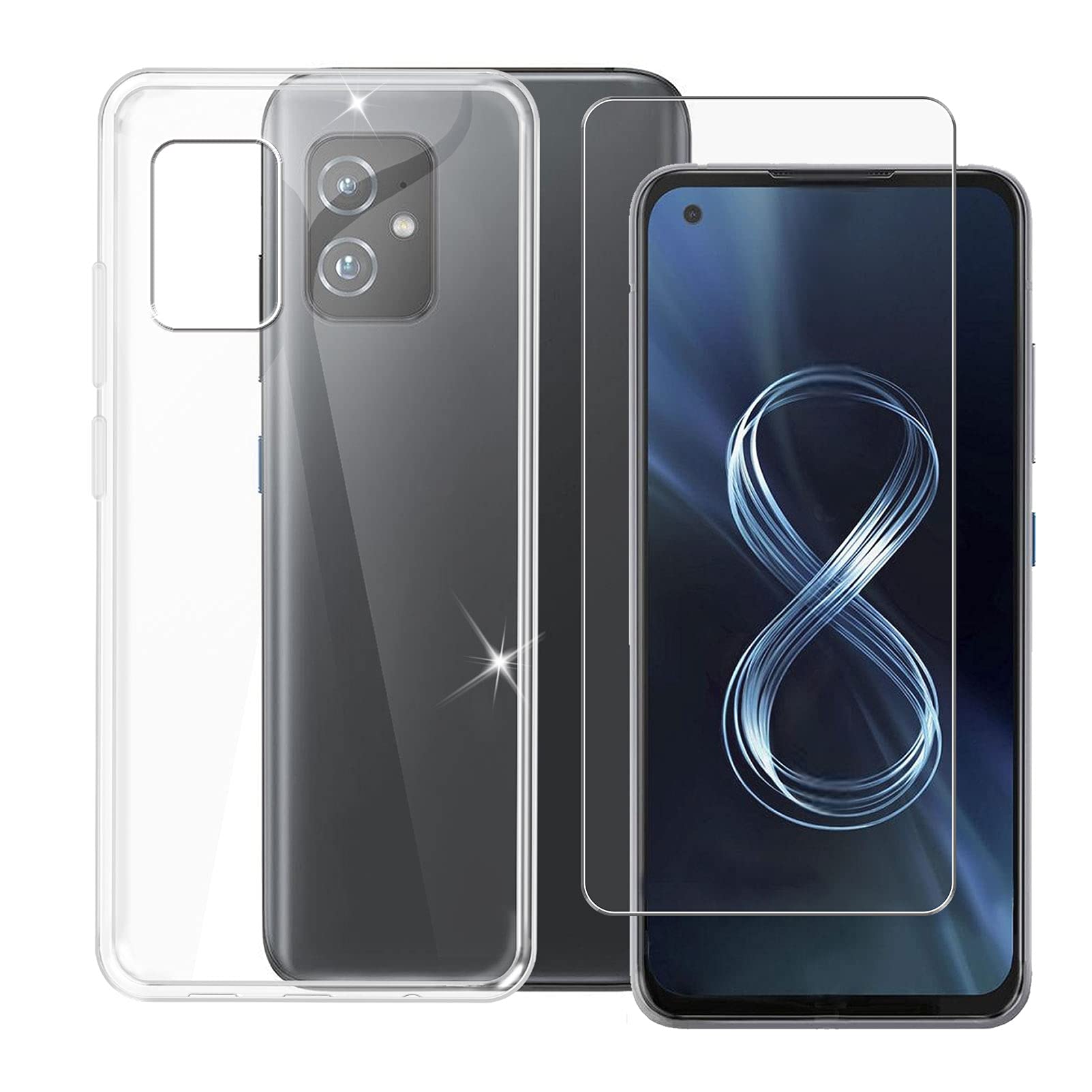 KJYF Custodia In Silicone Trasparente + 2 Vetri Temperati Per ASUS ZenFone 8 - Cover Anti-giallo TPU, Protezione Schermo 9H - WM85 - 2