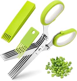 Tesoura de ervas X-Chef, tesoura multiuso de 5 lâminas para cozinha, cortador de ervas com tampa de segurança e pente de limpeza para cortar manjericão, salsa, aço inoxidável