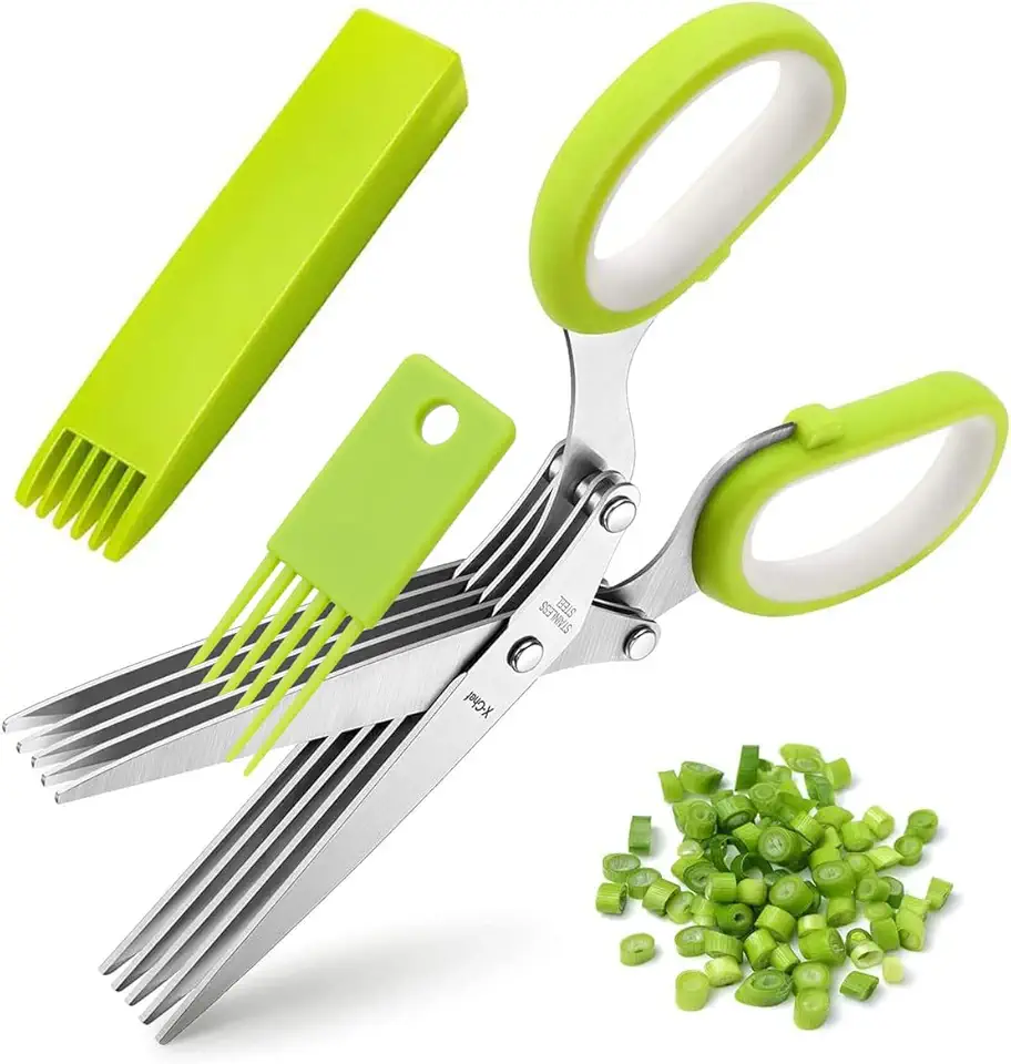 Tesoura de ervas X-Chef, tesoura multiuso de 5 lâminas para cozinha, cortador de ervas com tampa de segurança e pente de limpeza para cortar manjericão, salsa, aço inoxidável