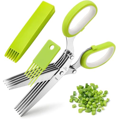 Herb Scissors, X-Chef Multipurpose 5 Blade Kitchen Herb Shears Herb Cutter with Safety Cover and Cleaning Comb for Chopping Basil Chive Parsley (Green)