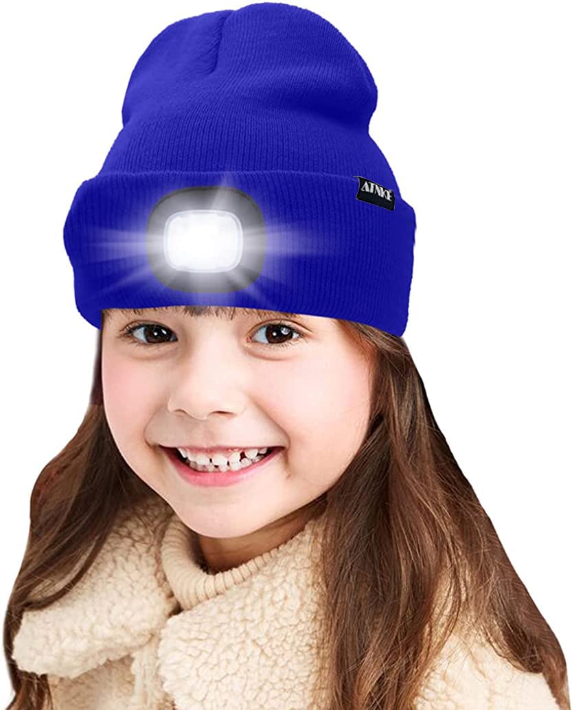 Atnke Boys Blue Kids Led Lighted Beanie Cap, Usb Rechargeable 4 Led Headlamp Waterproof Winter Warmer Knit Night Hats With Light For Girls