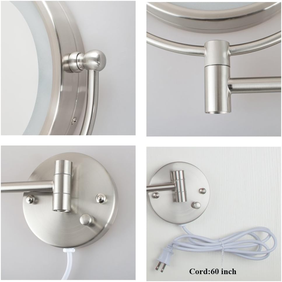 ALHAKIN 8-Inch Wall Mount Makeup Mirror Lighted Bathroom Mirror with 5X Magnification,LED Light, Nickel Finish