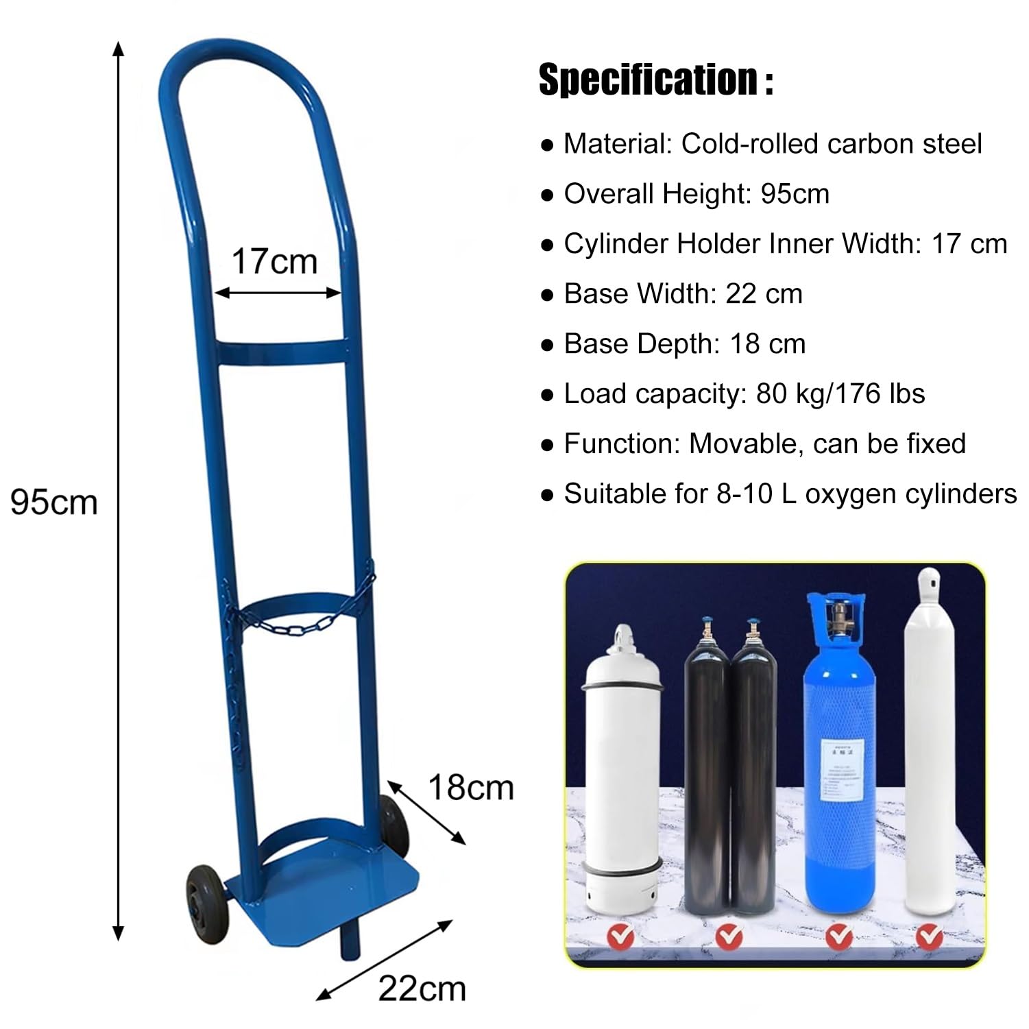 Genérico Carro para bombonas de oxígeno, Soporte Ligero para bombonas de oxígeno con Cadena de Seguridad, Herramienta de Transporte portátil para hogares, fábricas y hospitales (Azul, 95 cm