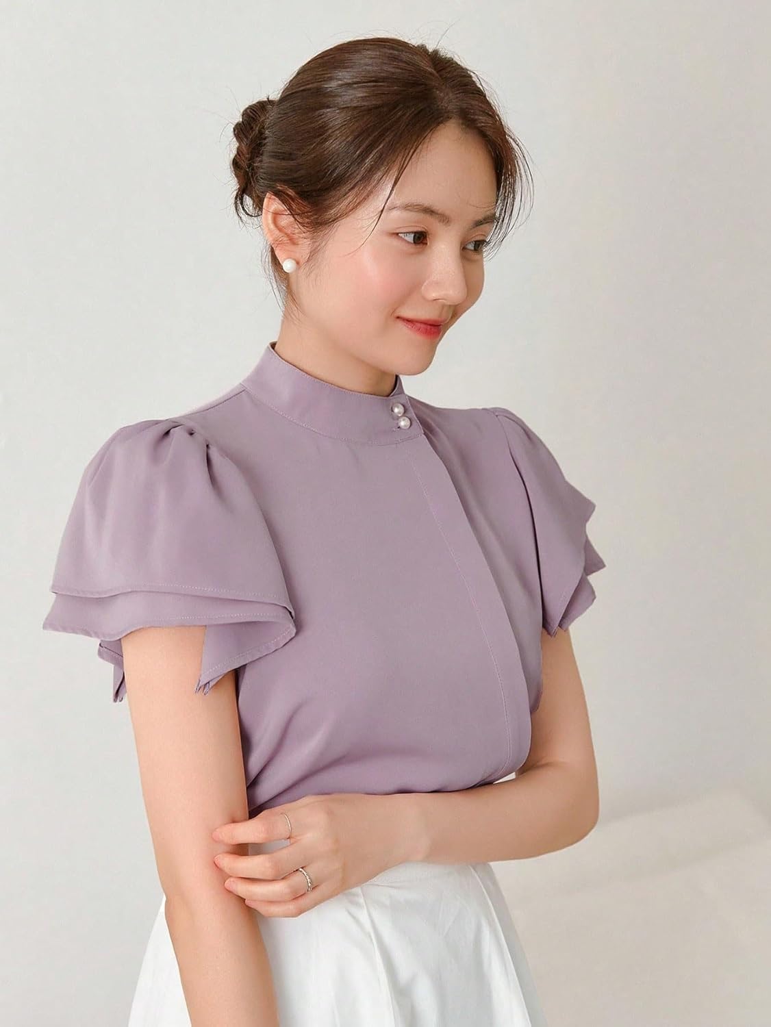 Women's Classic-Fit Shirt Mock Neck Sleeve Button Front Blouse