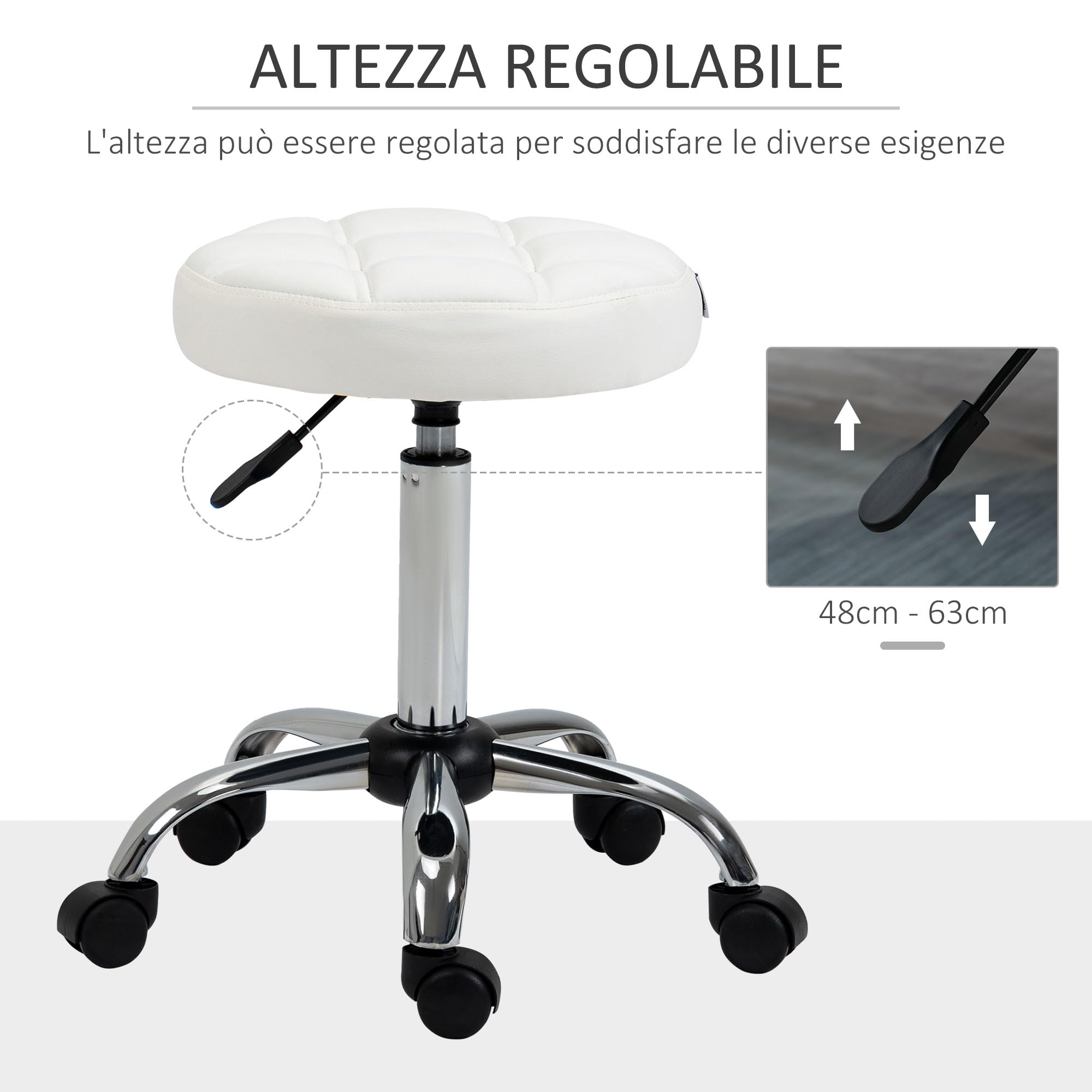 HOMCOM Sgabello Girevole con Ruote Rotondo, Sgabello per Parrucchiere ed Estetista con Altezza Regolabile, Imbottito in Finta Pelle, Bianco