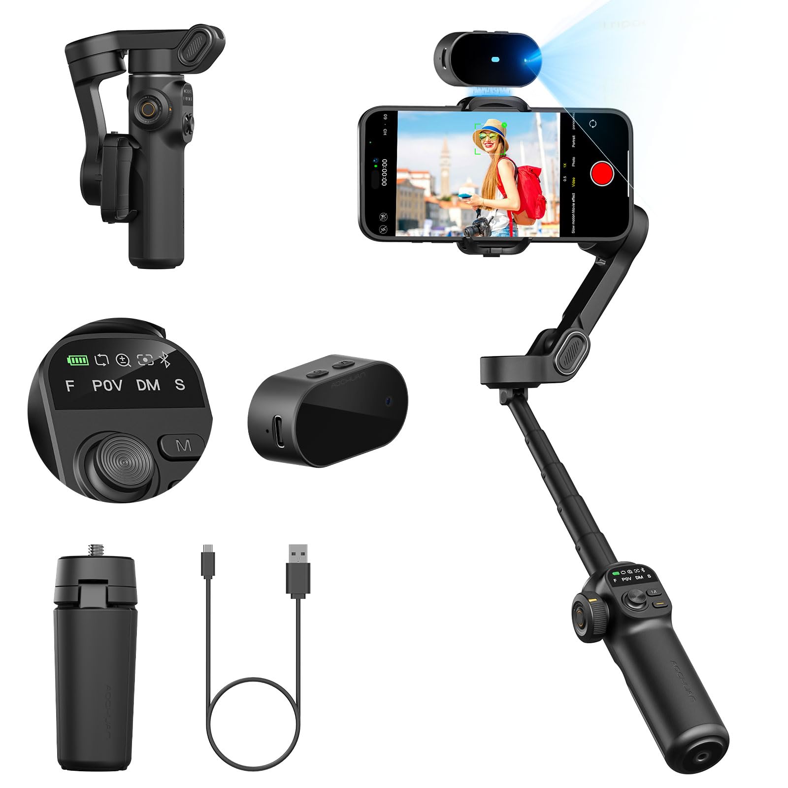 AOCHUAN 3 Ejes Cardán Estabilizador para Smartphone, Seguimiento SIN Aplicaciones, Varilla de Extensión, Estabilizador de Seguimiento de Caras y Objetos para iPhone, Grabación Vídeo - Smart X2AI Negro
