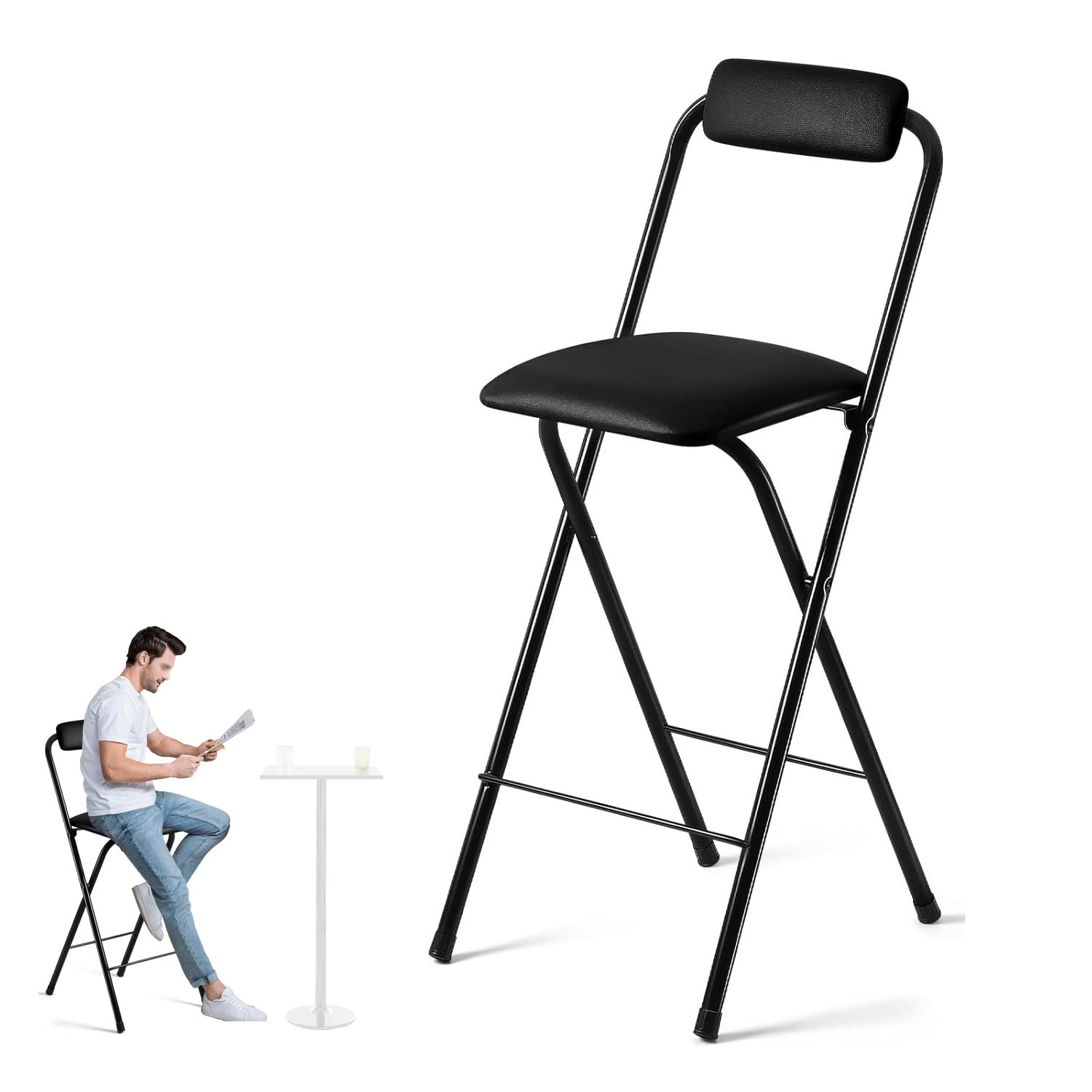Składany stołek barowy z siedziskiem, Krzesełko do karmienia Stool Square z oparciem i podnóżkiem, składane, wysokość blatu 24/26/28/30 cali(60cm/24in)