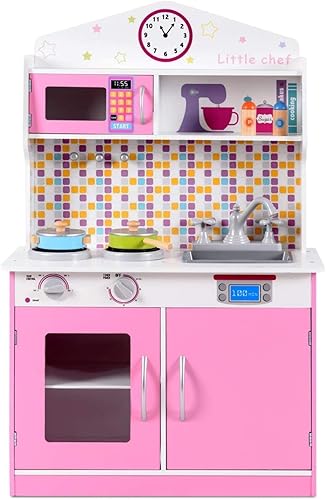 Miniatura 8 de OLAKIDS - Juego de cocina para niños, juego de alimentos de cocina de madera para niños pequeños con estufa de simulación, microondas, horno,