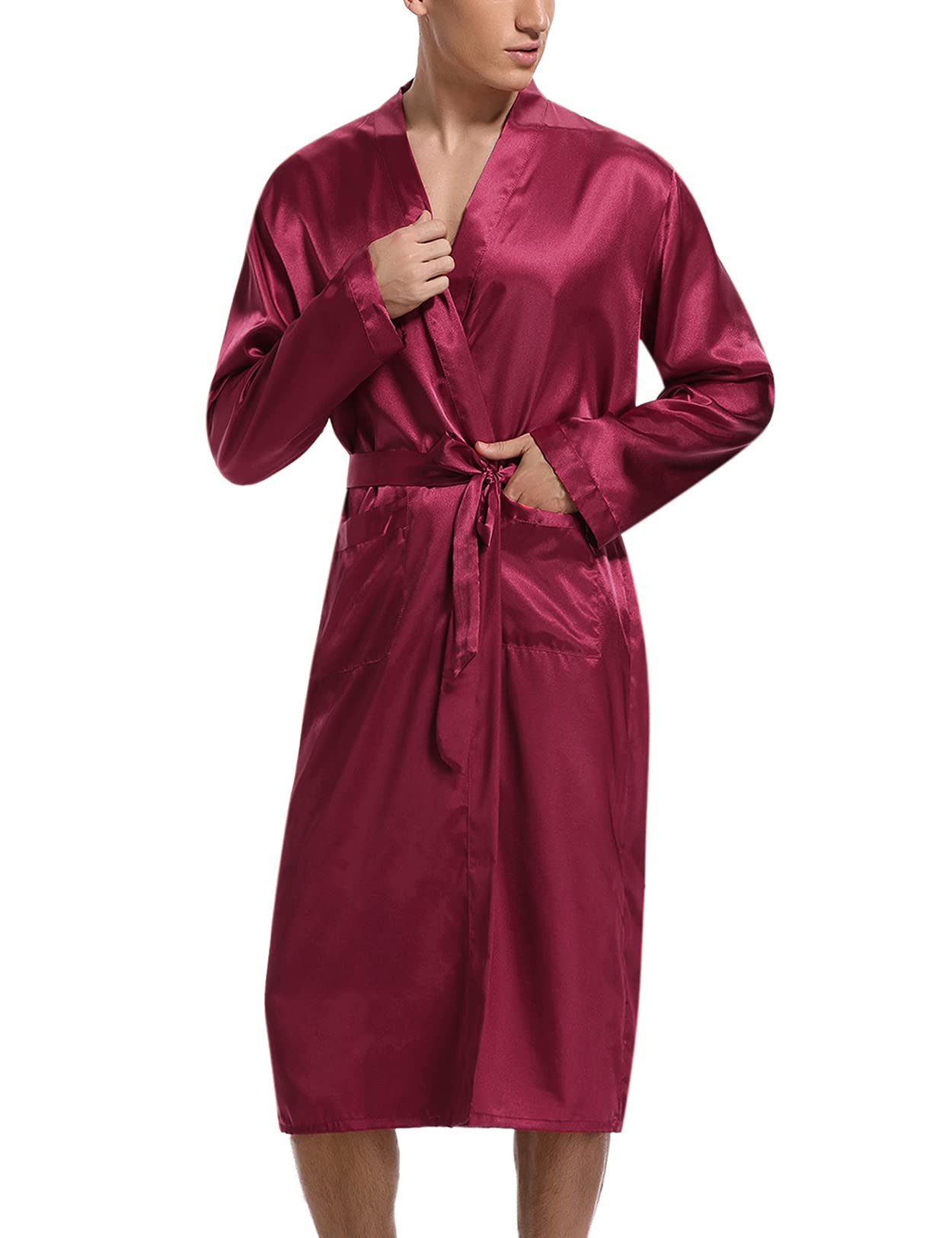 IrdcompsMen's Robes Satin Kimono Dressing Gown Silk Long Bathrobe Lightweight Nightgown Classic Nightwear Long Sleeve Sleepwear with Pockets Loungewear