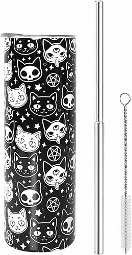 Vaso delgado gótico de 20 onzas con tapa y pajita, estampado de calavera de gato, doble pared, con aislamiento de acero inoxidable, bebidas