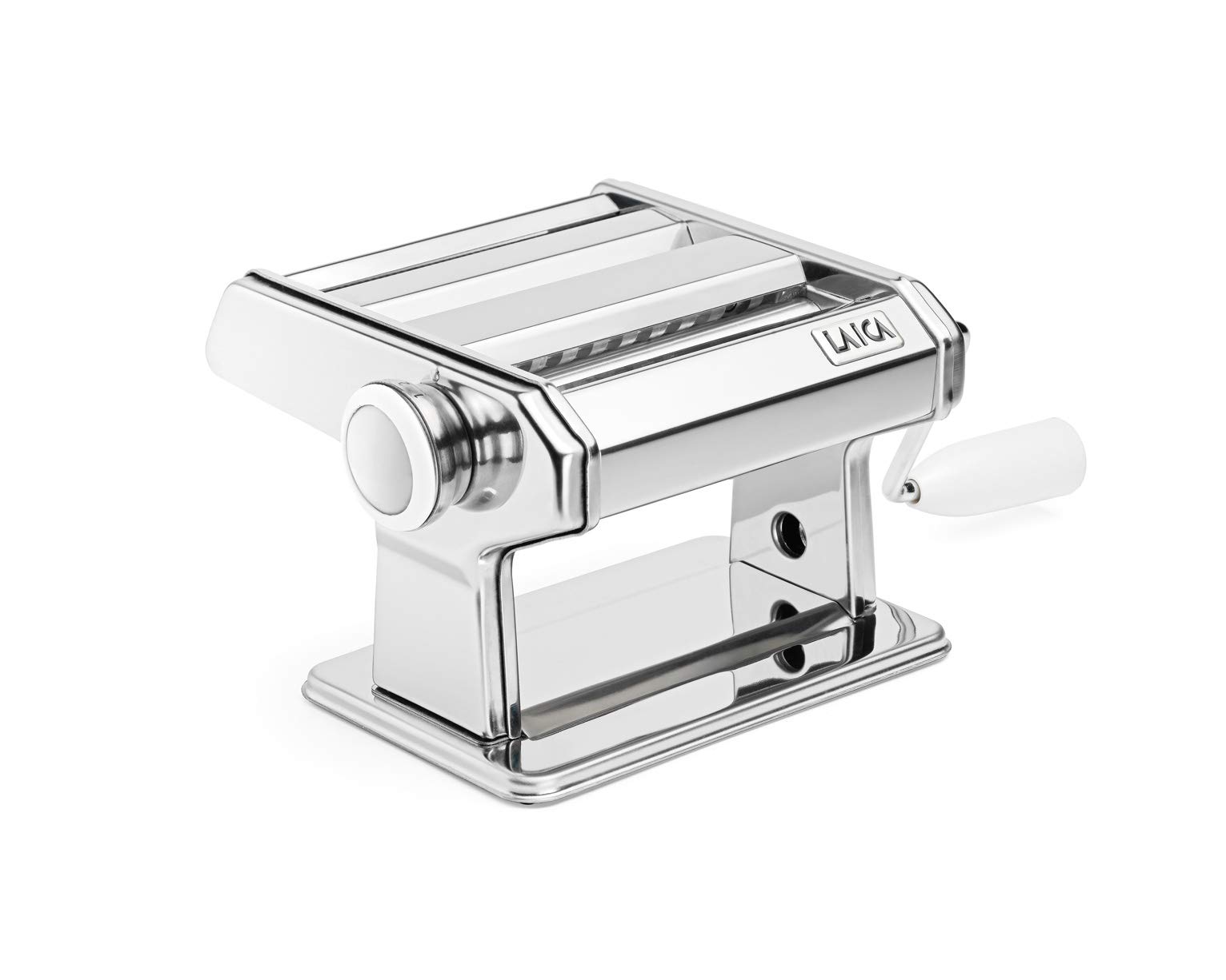 Máquina para hacer pasta Laica PM0500 en acero inoxidable, incluye manivela y pinza de sujección. Rueda con 7 ajustes. Se le puede añadir motor.
