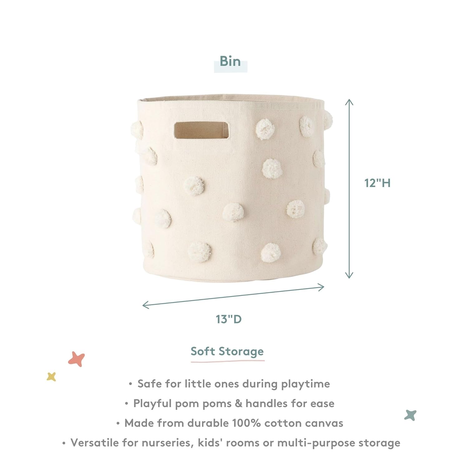 PEHR Pom Pom Basket, Bin (Natural) | 100% Cotton Canvas Storage for Nursery, Playroom & Home | Decorative Organizer | 13”D x 12”H