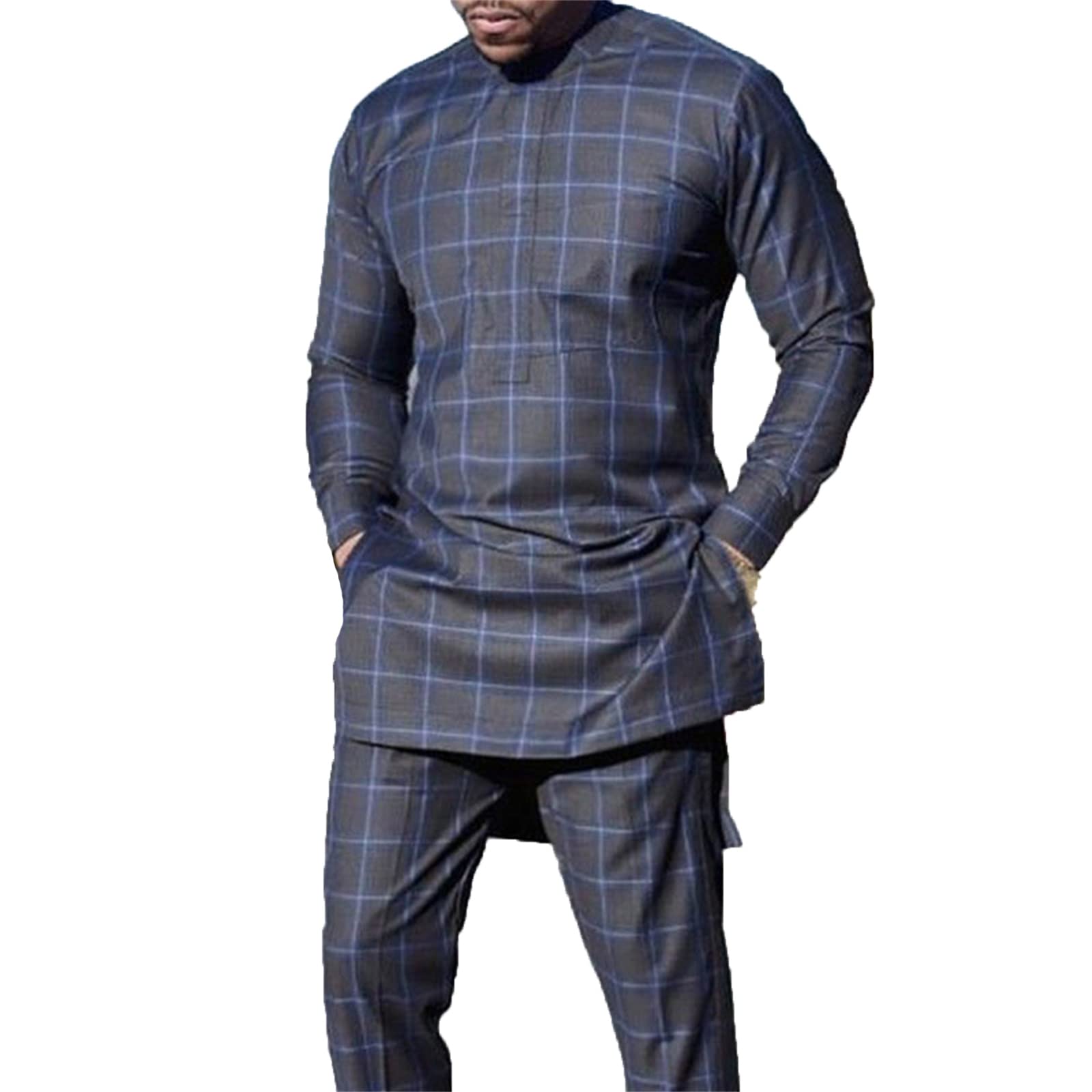 Rxears Men's # 8 African Long Sleeve Kurta 2 Piece Set Dashiki Shirt + Pants Outfit Dress Suit Traditional Tracksuit