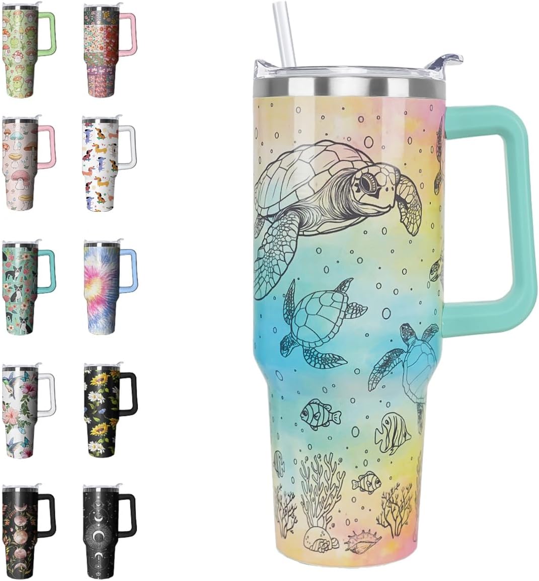 Sea Turtle Tumbler Summer Watercolor Ocean Tumbler 40 oz Turtles Gifts for Women Ocean Cups Coffee Travel Mug with Handle Leak Proof Insulated Turtle Lovers Decor Stuff