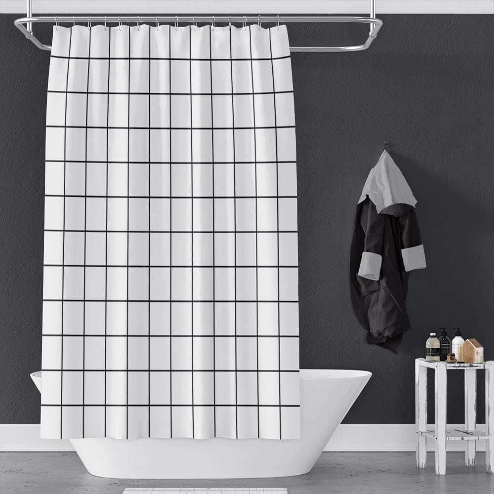 OERJU Casual Shower Curtain Classic White Plaid Geometric Rectangle Bath Curtain Modern Concise Art Home Bathroom Decor Waterproof Fabric Symmetric Shower Curtain Liner Set with Hooks 72x72inch