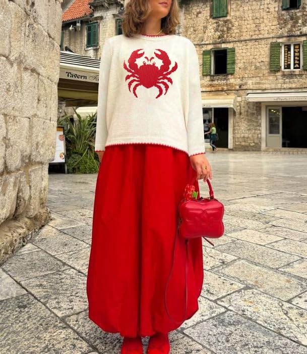 Giraropa Women Contrast Sweater Lobster/Crab/Carp Knit Sweaters Long Sleeve Crew Neck Loose Pullover Top Fall Clothes4