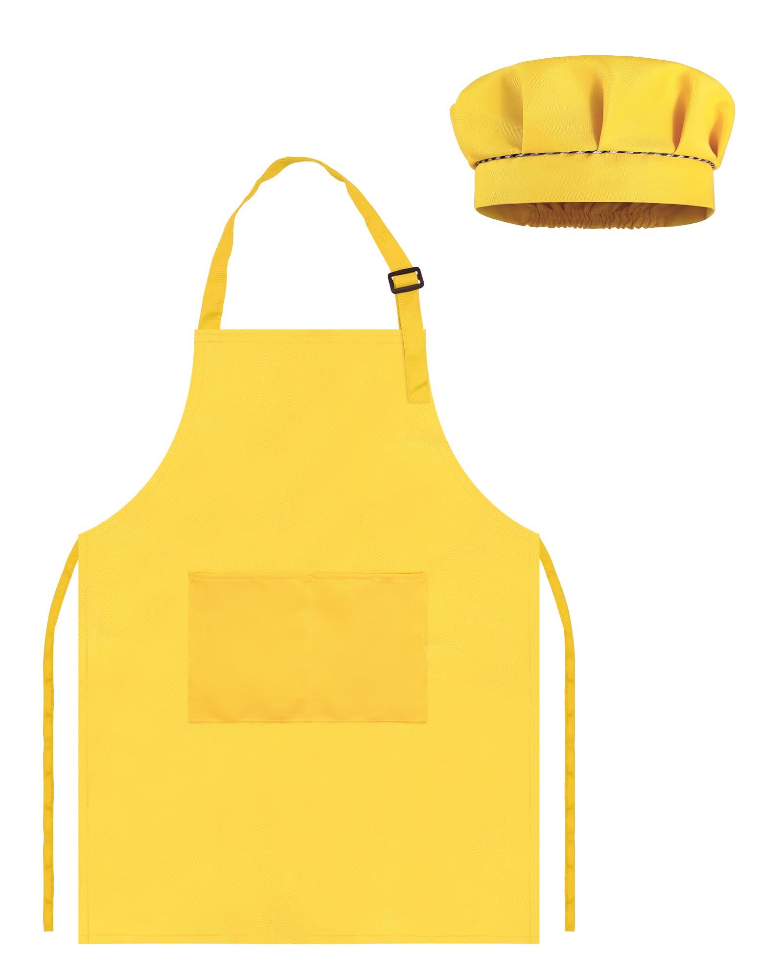 TOPWAYS Kids Apron and Chef Hat Set, Adjustable Children Chef Apron Outfit Costume, Kitchen Apron for Baking Cooking Painting, Artist Dress with Two Pockets (light yellow, L (7 to 13 years))