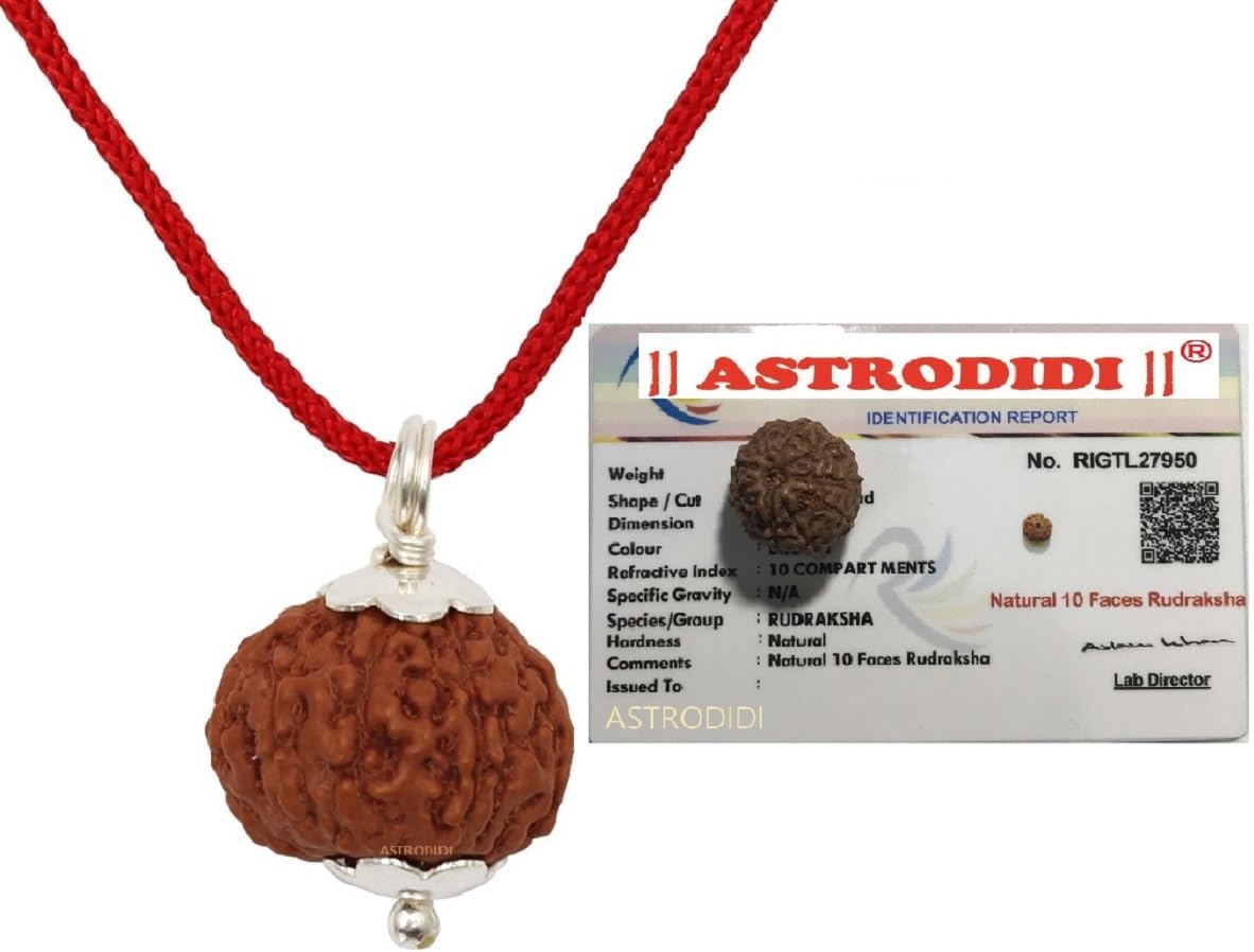 ASTRODIDI 10 Mukhi Rudraksha Original Certified Java (15-16 mm) Ten Face Small Size Silver Coated Pendant with Lab Report | Astrological Benefits | Unisex Design for Men & Women