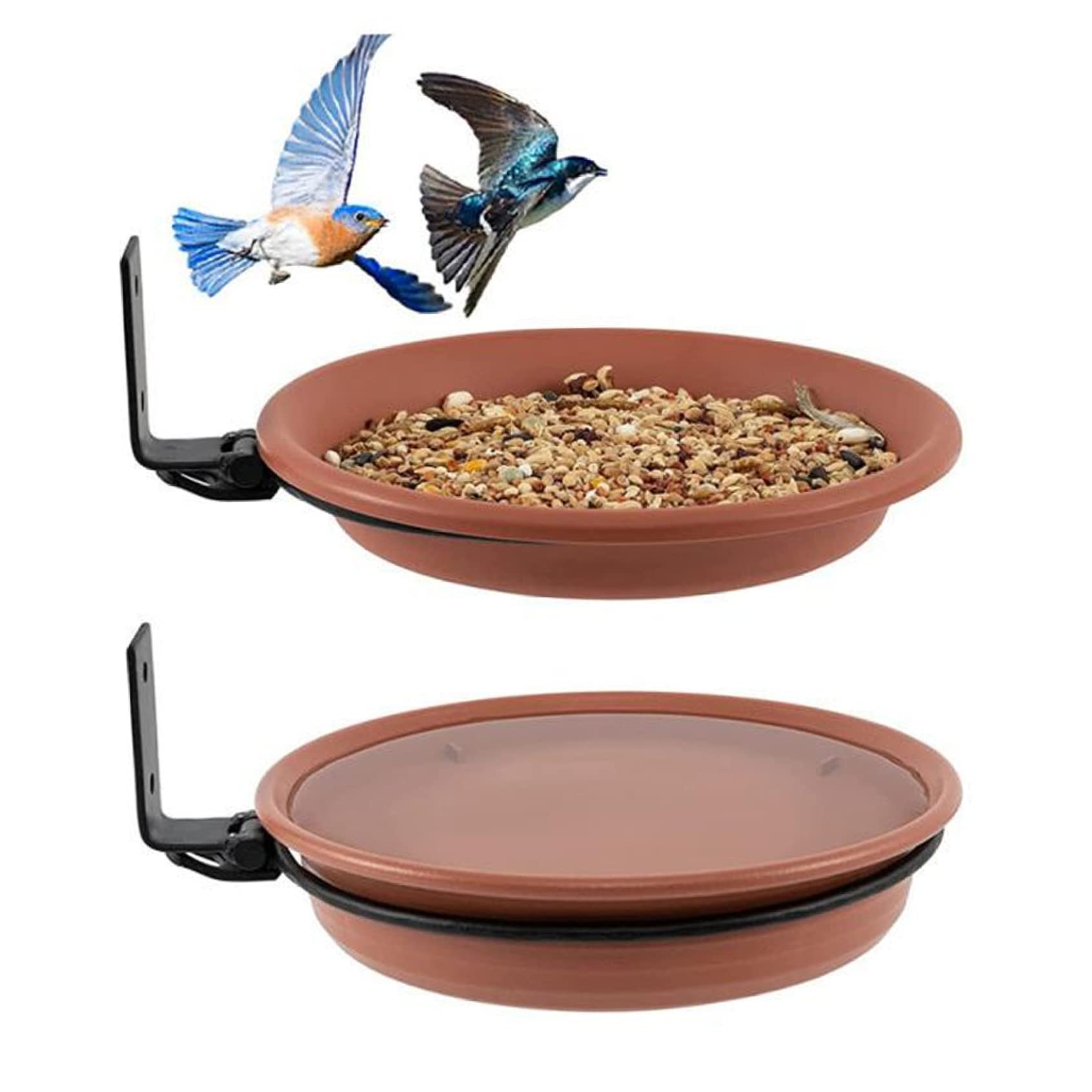 Bird Feeder Tree 4PCS Mounted Bird Feeding Tray 8.27 inch Plastic Bird Seed Tray Water Bath Bowl for Outdoor Garden Decor (2Trays 2Racks) Bird Feeding TraysBird Feeder Tree Mounted Bird Bath