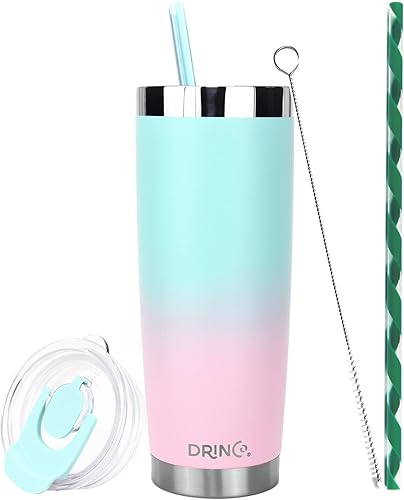 Drinco - Termo de acero inoxidable, vaso aislado al vacío de doble pared con tapa, 2 popotes, para bebidas frías y calientes