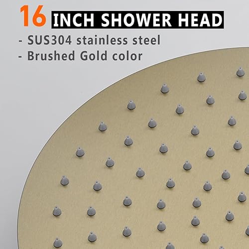Miniatura 2 de Cabezal de ducha redondo de acero inoxidable de 16 pulgadas, cabezal de ducha extragrande para montaje en techo, dorado cepillado