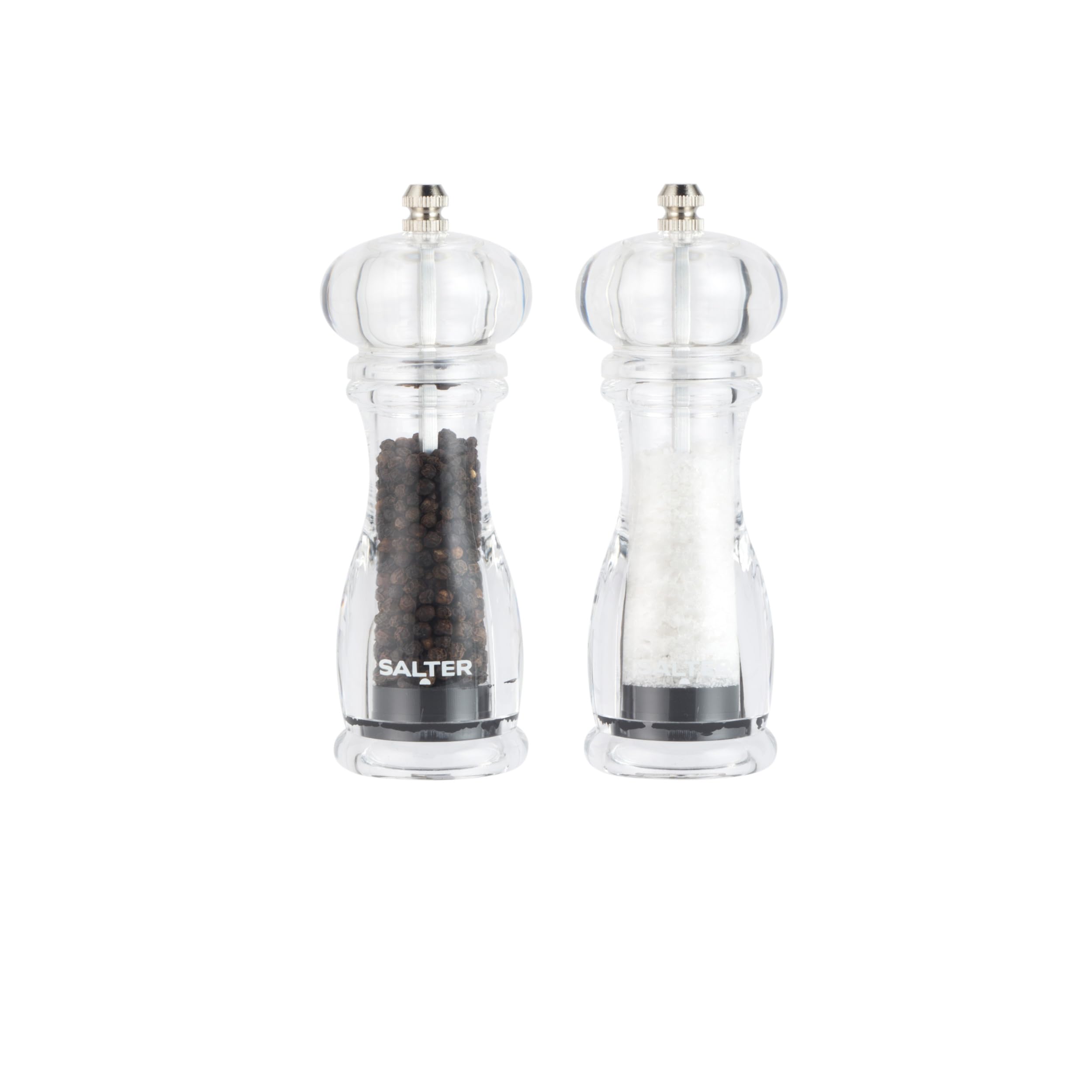 Salter 7606 CLXR Salt & Pepper Grinder Set – Refillable Mill Set, Twist to Grind, Ceramic Mechanism, Adjustable Fine to Coarse Grind, 66g Sea Salt/30g Peppercorns, Clear Acrylic Design
