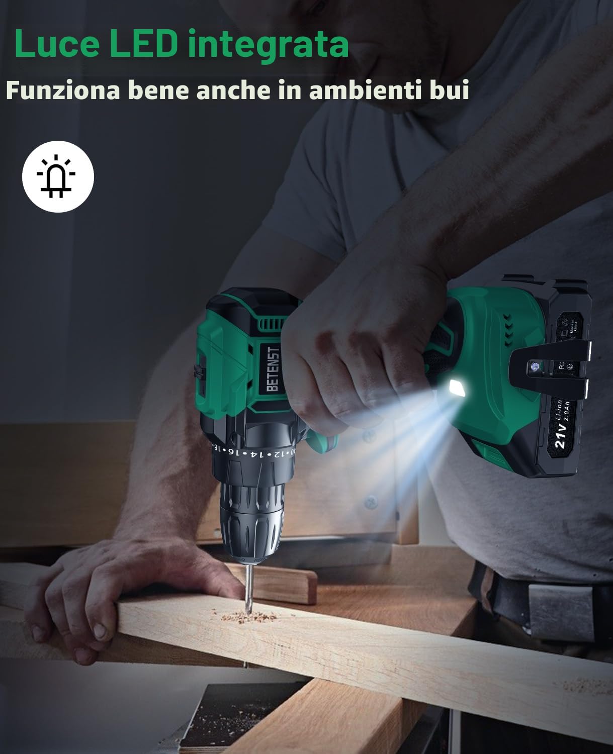 Trapano Avvitatore Batteria Brushless, BETENST Avvitatore a Batteria 21V con Batterie 2.0Ah, 45N.m Avvitatore Elettrico, 20 Coppia, 10mm Mandrino, 20 Accessori Per Casa Progetto, Fai da te, Verde