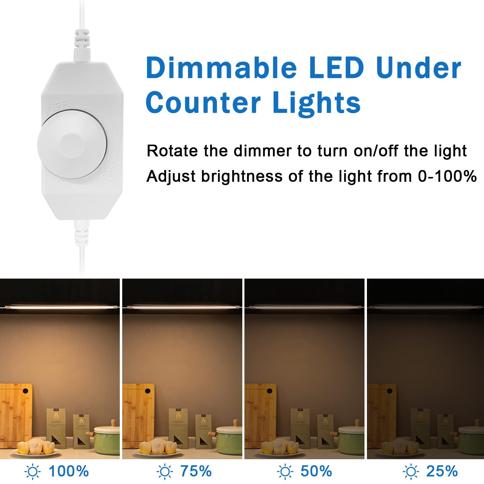 LABOREDUCER Lot de 8 lampes LED à intensité variable - 30 cm - Avec prise et interrupteur - Pour cuisine, armoire, placard - Blanc chaud