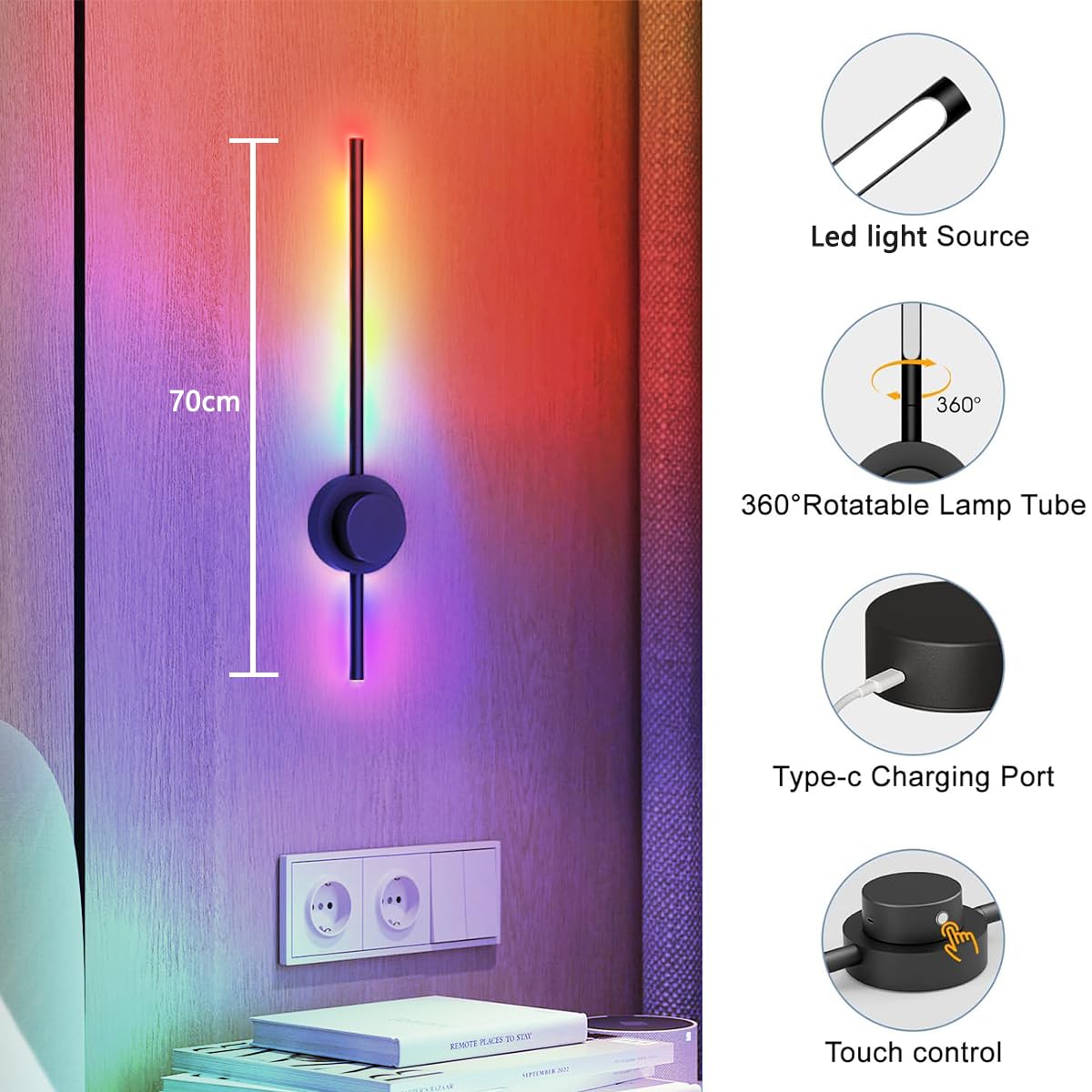 2 Stück Akku Wandleuchte 16 Farben RGB Dimmbar Wandlampe USB-C Wiederaufladbar 5000mAh Abnehmbare Batterie 70CM Nachttischlampe mit Fernbedienung Touch Control Wandlicht für Schlafzimmer Wohnzimmer