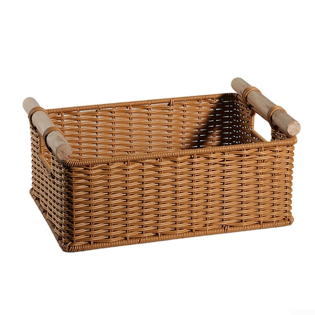 Aufbewahrungskorb Geflochtener Korb Imitation Rattan mit Holzgriff für Bad Küche Wohnzimmer Organizer Box 30x30x21cm(1)