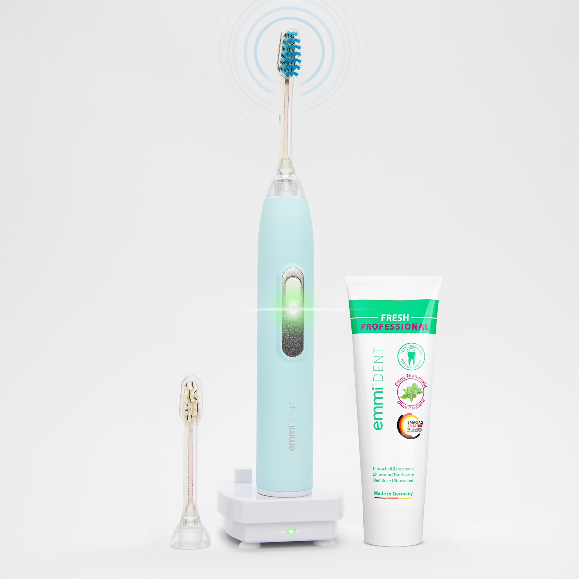 emmi®-dent Metallic Cepillo de Dientes Eléctrico Ultrasónico (Set Básico Azul Pastel) I Ideal para Dientes y Encías Sensibles I Cepillado Óptimo sin Frotar I Hasta 12 Días de Batería