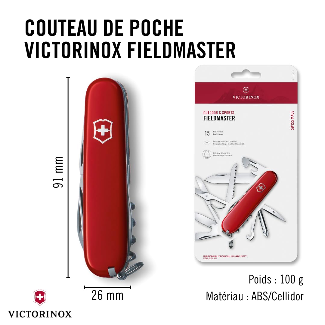 Victorinox Fieldmaster, Couteau de Poche Suisse, Léger, Multitool, 15 Fonctions, Lame, Scie à Bois