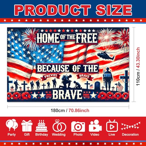 Image of BlissYard 4th of July Banner 71 x 43 Inches Patriotic Decorations Home of The Free Because of The Brave Backdrop American Flag Fireworks Banner for Outdoor Memorial Day Veterans Day Party Decor Photo Studio Booth