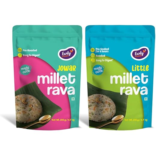 Early Foods : Assorted Pack of 2 - Little Millet & Jowar Rava | InstantMillet Sooji | Roasted Millet Suji| Millets Idli Rava | Soaked for 6Hrs | Instant Breakfast Mix