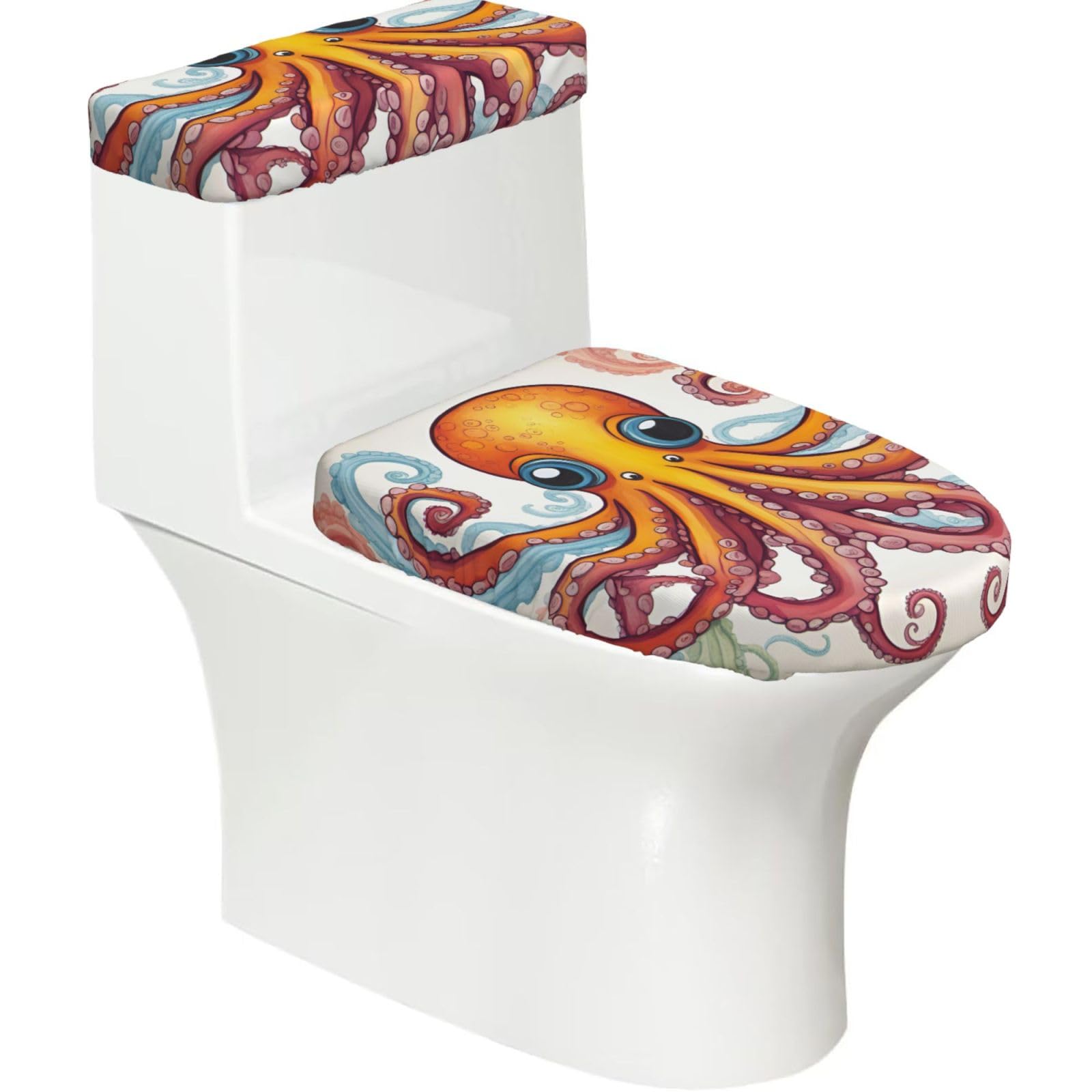 Color Octopus Print Stretch Toilet Covers Set, Polyester Covers Replacement For Fits Most Size Lids Bathroom Decor