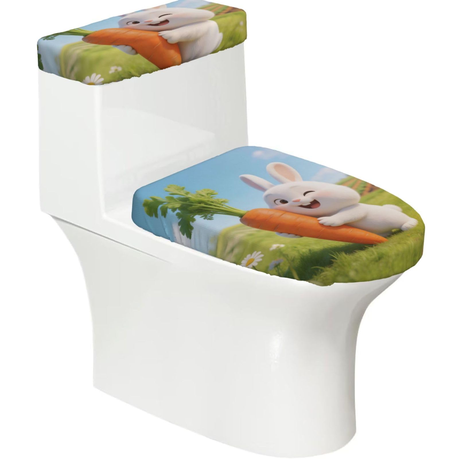 Animals and Carrots Elastic Toilet Cover Set of 2-Stretchy Lid and Tank Covers for Bathroom, Soft Washable U Shape Toilet Decor