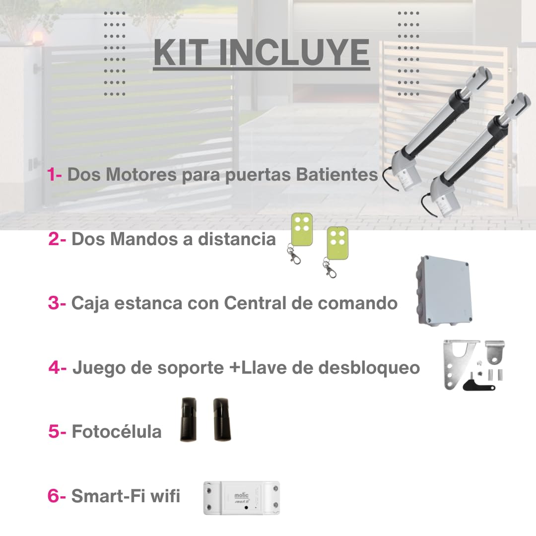 Motor Puerta Batiente 2 hojas - Motores para Puertas Abatibles - Brazo Automatismo para Garaje - Puertas de Garaje MOTIC Domo 4G- Kit (SIN electrocerradura, Kit Estandar + Fotocelulas + WIFI)