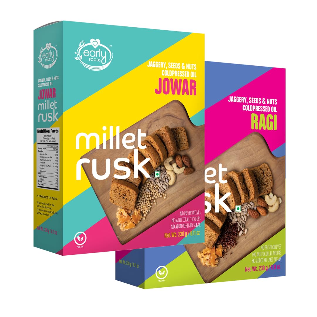 Early Foods Assorted Pack of 2: ZERO MAIDA Ragi Rusk & Jowar Rusk | Sugar Free Millet Rusk with Jaggery | No Maida Rusk with Whole Wheat Rusk | Kids Snack | Tea Toast | Millet & Atta Rusk 210g x 2 (B0CWP9TBQV) Amazon Price History, Amazon Price Tracker
